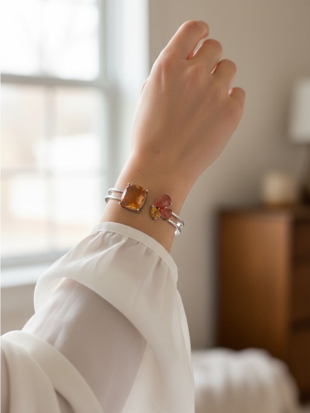 Silver Cuff Bracelet with Amber and Rose Gemstones